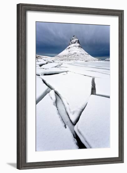 Winter View over Slabs of Broken Lake Ice Covered in Snow Towards Kirkjufell (Church Mountain)-Lee Frost-Framed Photographic Print