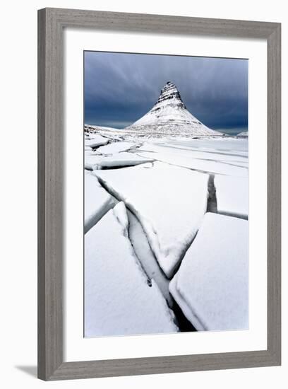 Winter View over Slabs of Broken Lake Ice Covered in Snow Towards Kirkjufell (Church Mountain)-Lee Frost-Framed Photographic Print