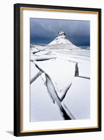 Winter View over Slabs of Broken Lake Ice Covered in Snow Towards Kirkjufell (Church Mountain)-Lee Frost-Framed Photographic Print
