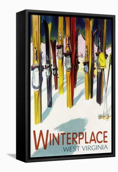 Winterplace, West Virginia - Colorful Skis-Lantern Press-Framed Stretched Canvas