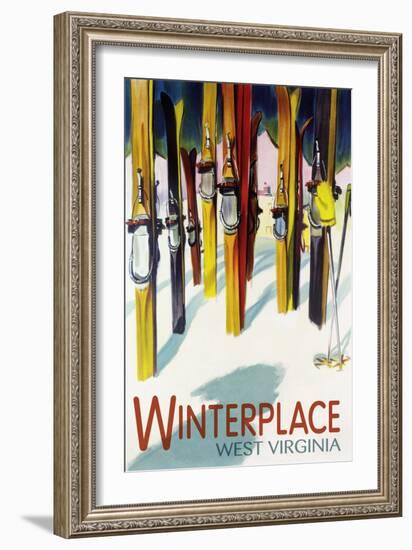 Winterplace, West Virginia - Colorful Skis-Lantern Press-Framed Art Print
