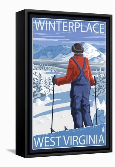 Winterplace, West Virginia - Skier Admiring View-Lantern Press-Framed Stretched Canvas