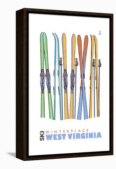 Winterplace, West Virginia - Skis in Snow-Lantern Press-Framed Stretched Canvas