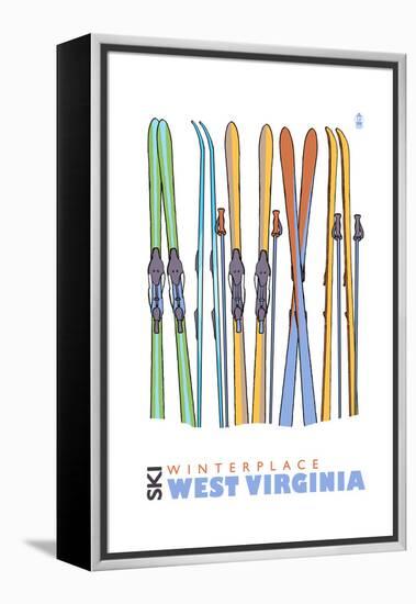 Winterplace, West Virginia - Skis in Snow-Lantern Press-Framed Stretched Canvas
