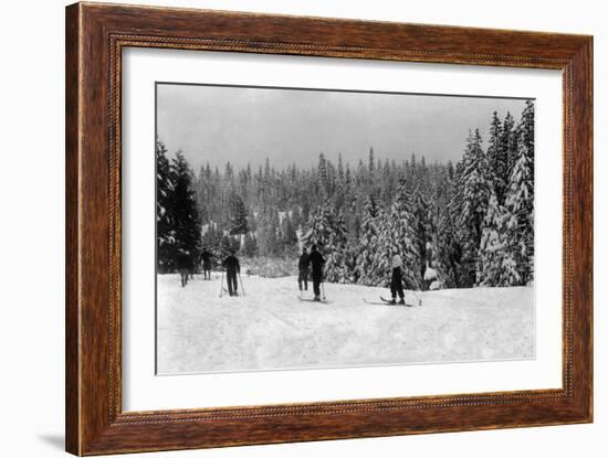 Wintertime Skiing at Longbarn Lodge - Long Barn, CA-Lantern Press-Framed Art Print