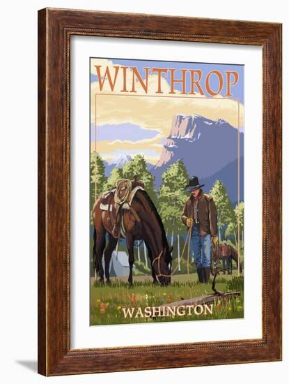 Winthrop, Washington - Cowboy and Horse in Spring-Lantern Press-Framed Art Print