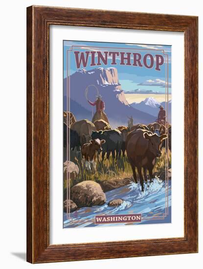 Winthrop, Washington - Cowboy Cattle Drive Scene-Lantern Press-Framed Art Print