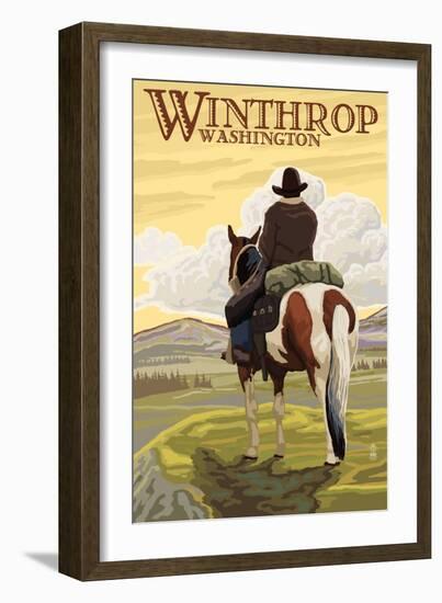 Winthrop, Washington - Cowboy on Horseback-Lantern Press-Framed Art Print