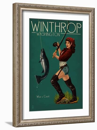 Winthrop, Washington - Pinup Girl Fishing-Lantern Press-Framed Art Print