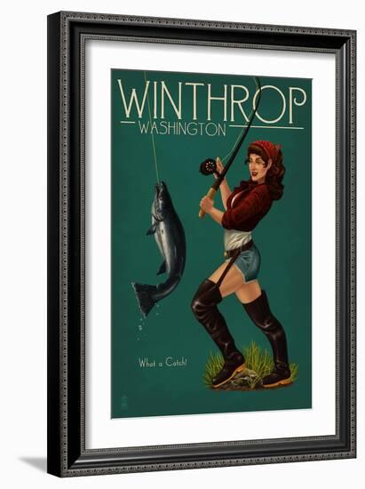 Winthrop, Washington - Pinup Girl Fishing-Lantern Press-Framed Art Print