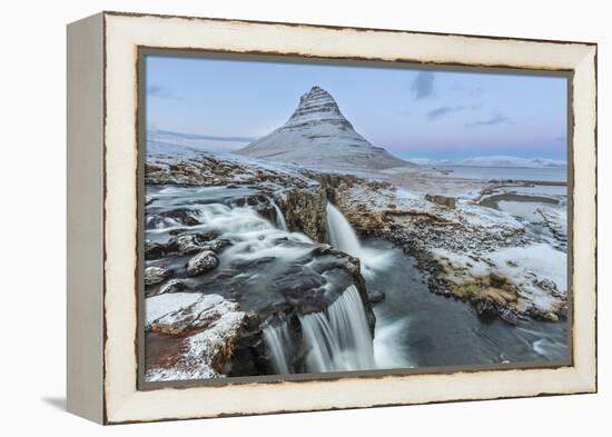 Wintry waterfall below Kirkjufell, Snaefellsnes Peninsula, Iceland-Chuck Haney-Framed Premier Image Canvas