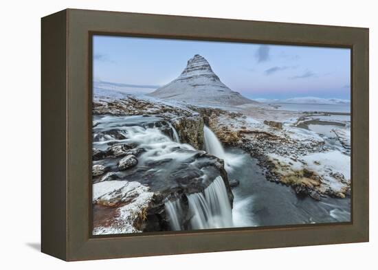 Wintry waterfall below Kirkjufell, Snaefellsnes Peninsula, Iceland-Chuck Haney-Framed Premier Image Canvas