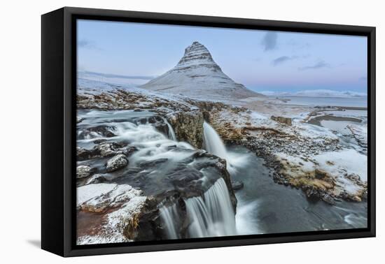 Wintry waterfall below Kirkjufell, Snaefellsnes Peninsula, Iceland-Chuck Haney-Framed Premier Image Canvas