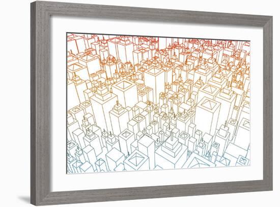 Wireframe City with Buildings and Blueprint Design Art-kentoh-Framed Art Print