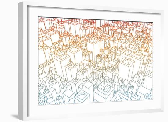 Wireframe City with Buildings and Blueprint Design Art-kentoh-Framed Art Print