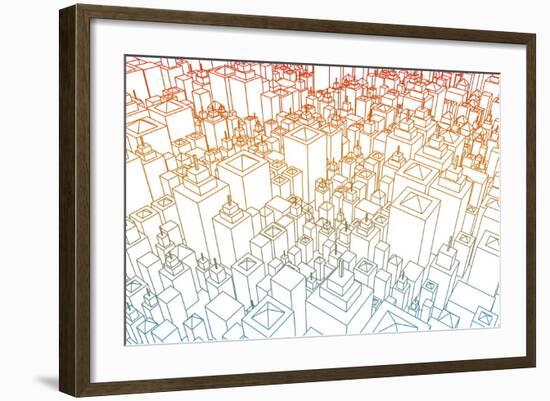 Wireframe City with Buildings and Blueprint Design Art-kentoh-Framed Art Print