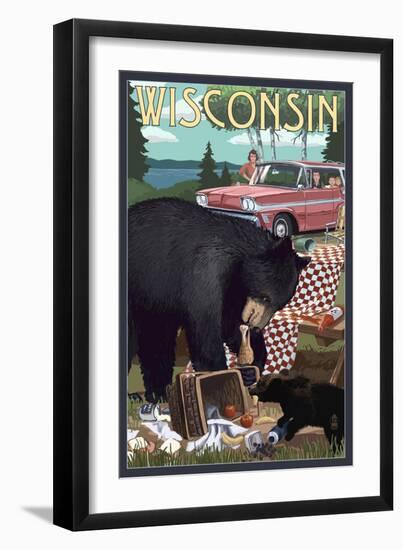 Wisconsin - Bear and Picnic Scene-Lantern Press-Framed Art Print