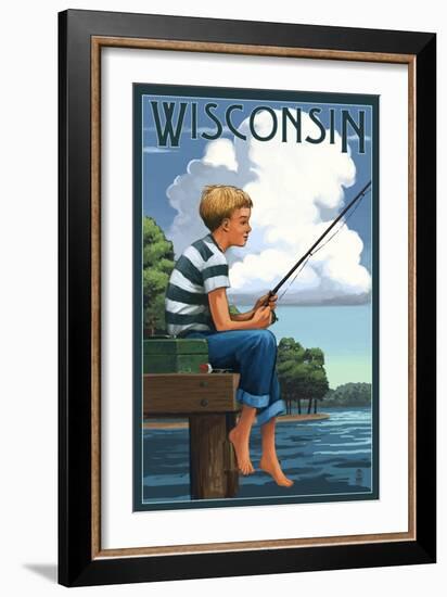 Wisconsin - Boy Fishing-Lantern Press-Framed Art Print