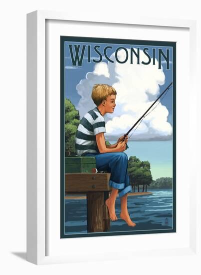 Wisconsin - Boy Fishing-Lantern Press-Framed Art Print
