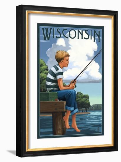 Wisconsin - Boy Fishing-Lantern Press-Framed Art Print