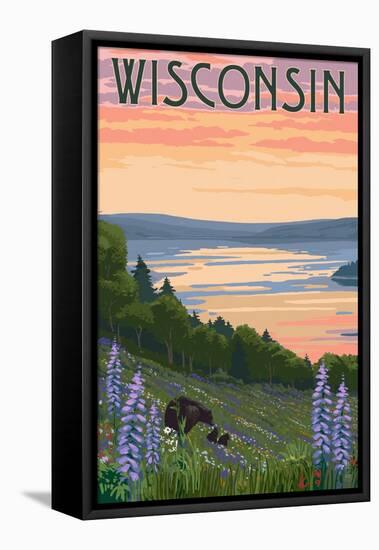 Wisconsin - Lake and Bear Family-Lantern Press-Framed Stretched Canvas