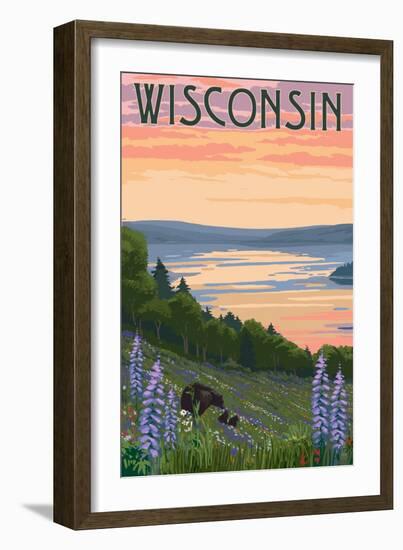 Wisconsin - Lake and Bear Family-Lantern Press-Framed Premium Giclee Print