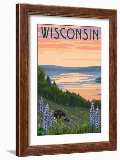 Wisconsin - Lake and Bear Family-Lantern Press-Framed Art Print