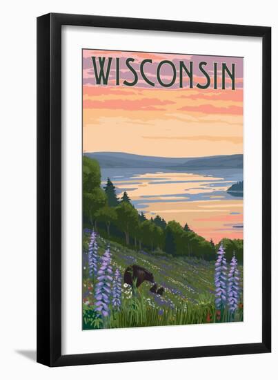 Wisconsin - Lake and Bear Family-Lantern Press-Framed Art Print