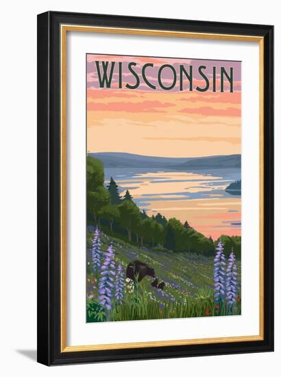 Wisconsin - Lake and Bear Family-Lantern Press-Framed Art Print