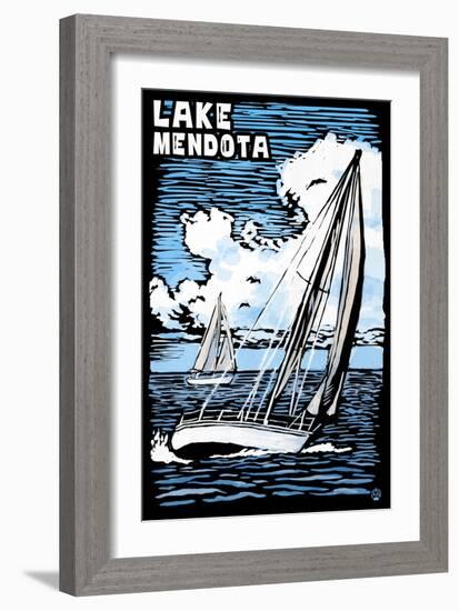 Wisconsin - Lake Mendota - Sailboat - Scratchboard-Lantern Press-Framed Art Print