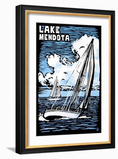 Wisconsin - Lake Mendota - Sailboat - Scratchboard-Lantern Press-Framed Art Print