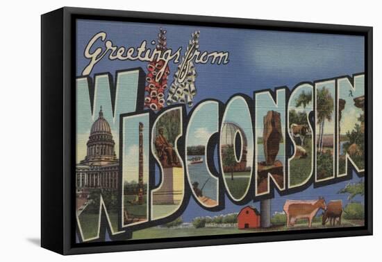 Wisconsin - Large Letter Scenes-Lantern Press-Framed Stretched Canvas