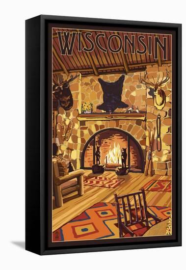 Wisconsin - Lodge Interior-Lantern Press-Framed Stretched Canvas