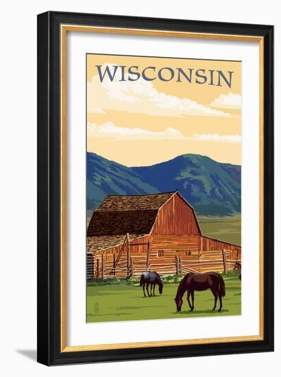 Wisconsin - Red Barn and Horses-Lantern Press-Framed Art Print