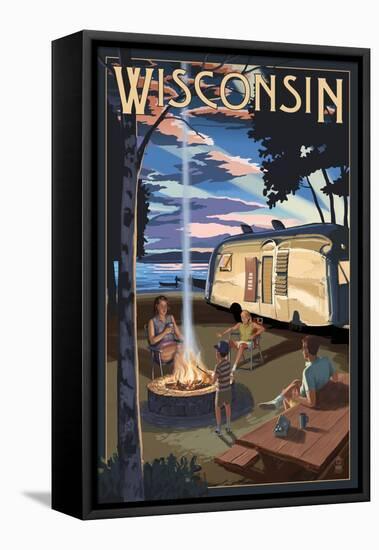 Wisconsin - Retro Camper and Lake-Lantern Press-Framed Stretched Canvas