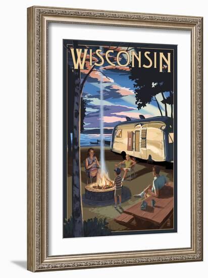 Wisconsin - Retro Camper and Lake-Lantern Press-Framed Art Print