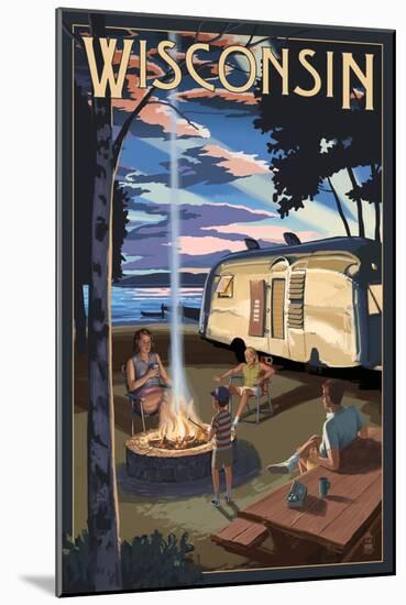 Wisconsin - Retro Camper and Lake-Lantern Press-Mounted Art Print