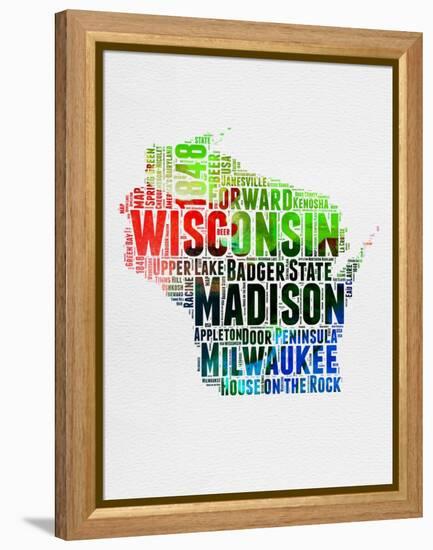 Wisconsin Watercolor Word Cloud-NaxArt-Framed Stretched Canvas