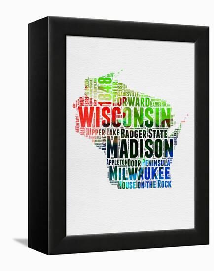 Wisconsin Watercolor Word Cloud-NaxArt-Framed Stretched Canvas