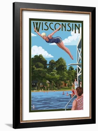 Wisconsin - Woman Diving and Lake-Lantern Press-Framed Art Print