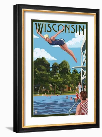 Wisconsin - Woman Diving and Lake-Lantern Press-Framed Art Print