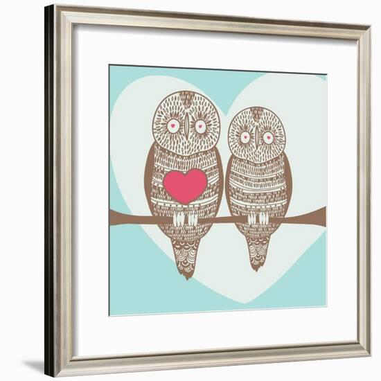 Wise Owl Couple on Tree Branch under Heart Shaped Moon-stopitnow-Framed Premium Giclee Print