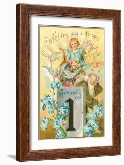 Wishing You a Happy New Year, Victorian Angel, Father Time-null-Framed Art Print