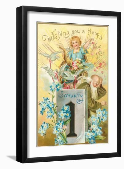 Wishing You a Happy New Year, Victorian Angel, Father Time-null-Framed Art Print
