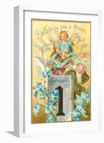 Wishing You a Happy New Year, Victorian Angel, Father Time-null-Framed Art Print