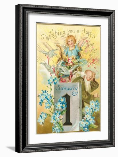 Wishing You a Happy New Year, Victorian Angel, Father Time-null-Framed Art Print