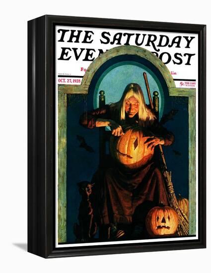 "Witch Carving Pumpkin," Saturday Evening Post Cover, October 27, 1928-Frederic Stanley-Framed Premier Image Canvas