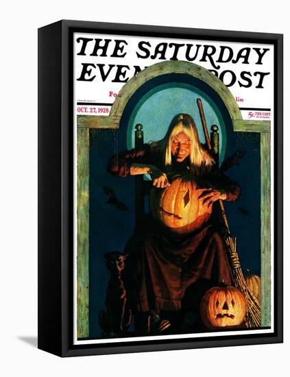 "Witch Carving Pumpkin," Saturday Evening Post Cover, October 27, 1928-Frederic Stanley-Framed Premier Image Canvas
