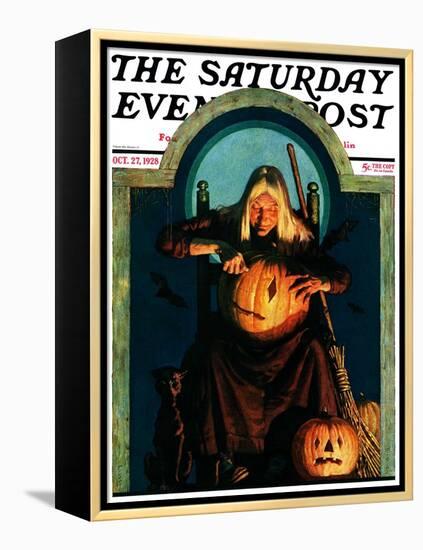 "Witch Carving Pumpkin," Saturday Evening Post Cover, October 27, 1928-Frederic Stanley-Framed Premier Image Canvas