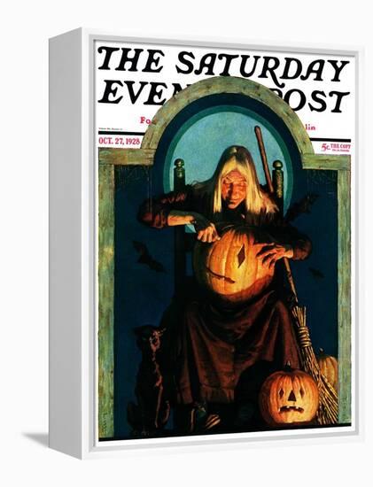 "Witch Carving Pumpkin," Saturday Evening Post Cover, October 27, 1928-Frederic Stanley-Framed Premier Image Canvas